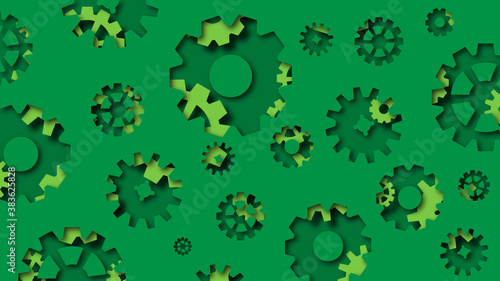 Green background with the image of gears in papercut style. Vector illustration