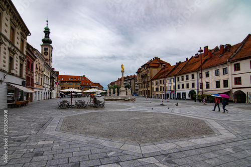 Main square of MAribor, Slovenia, on a cloudy day of summer 2020