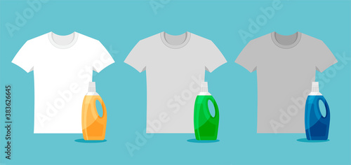 Advertising of washing powder and detergent. Comparison of detergents using the example of white T-shirts. Clothes before and after wash. Vector clean and dirty gray shirt. 