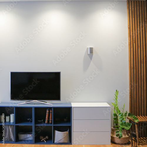 eco wood slats on a gray wall in the living room