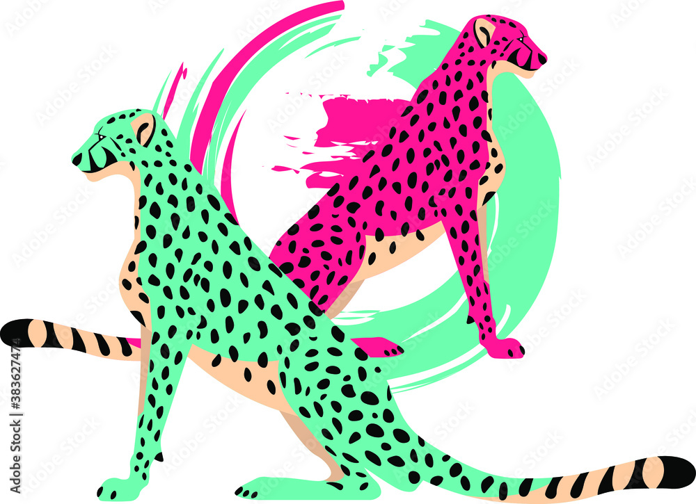 Obraz premium Leopard vector illustration in pink and mint colors
