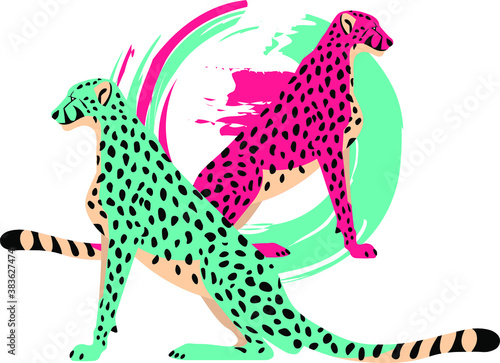 Leopard vector illustration in pink and mint colors