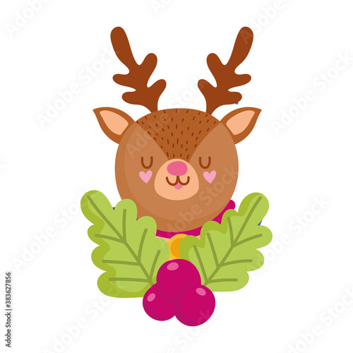 merry christmas  cartoon reindeer with holly berry  isolated design