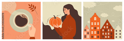 Set of cute and cozy autumn illustrations. Cup of hot coffee, beautiful young girl holding an orange pumpkin, little houses under autumn sky. Collection of flat vector designs for card, poster, web