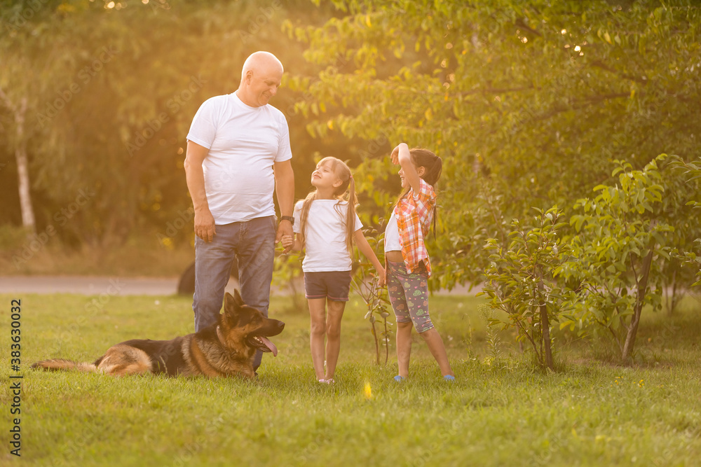 Fototapeta premium grandfather and two granddaughters are walking in the park