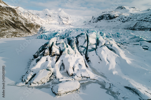 Aerial view of Svínafellsjökull outlet glacier in winter, Vatnajökull National Park, Southeast Iceland.
