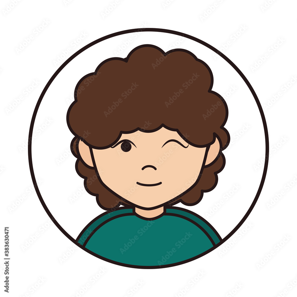 young woman wink gesture and curly hair cartoon, round line icon