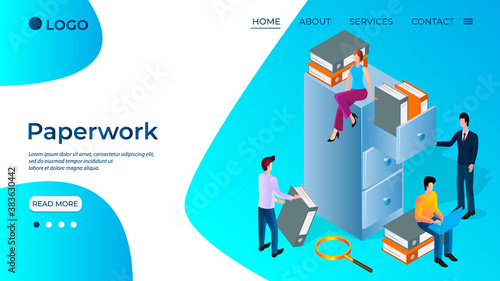Paperwork.People are looking for documents.Concept of office management.Teamwork.Office work and coworking.Isometric vector illustration