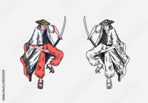 Japanese samurai. Warriors with weapons sketch. Men in a fight pose. Hand drawn vintage sketches. Vector illustration in monochrome style.