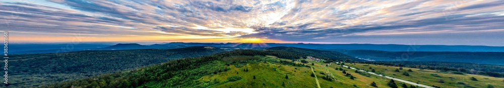 Sunset over the Vosges. Panoramic view from drone