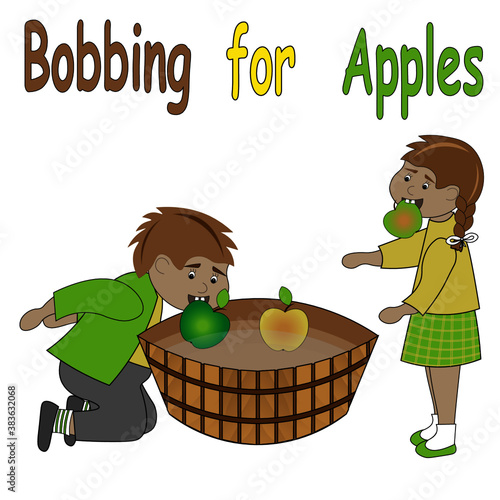 Halloween greeting card. Cute boy and girl are playing traditional Halloween game - bobbing for apples.
