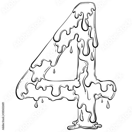 Number 4 with flow drops and goo splash. Dripping liquid symbol. Vector trendy font made in hand drawn line art style isolated on white background. Slime logo or initial letter.
