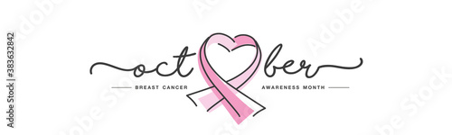 October breast cancer awareness month pink ribbon handwritten line design white background banner