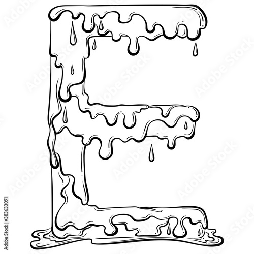 Letter E with flow drops and goo splash. Dripping liquid symbol. Vector trendy font made in hand drawn line art style isolated on white background. Slime logo or initial letter.