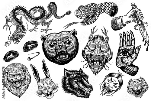 Set of Fashion patches. Tattoo artwork. Bear Dragon Lion Snake Dagger Hare and astrological hand. Drawn Engraved in old vintage sketch. Vector surreal illustration, badges, print for t-shirt.