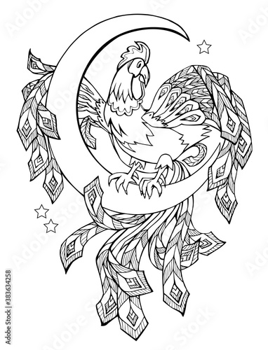 Black and white page for baby coloring book. Illustration of cute fairyland cock. Printable template for kids. Worksheet with zentangle pattern for children and adults.