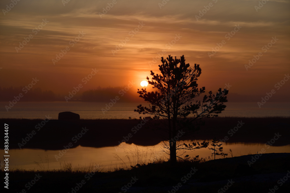 Sunrise on the White Sea in Karelia, Russia