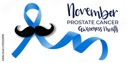 Prostate cancer blue ribbon with mustache vector realistic illustration. November awareness month hand drawn lettering. Concept of prevention oncology and men health