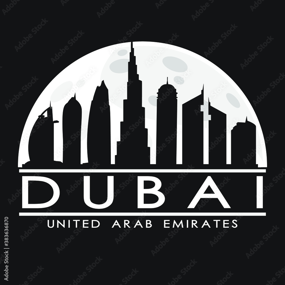 Dubai UAE Full Moon Night Skyline Silhouette Design City Vector Art Logo.