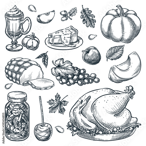 Thanksgiving menu design elements. Traditional holiday home made meal. Vector sketch illustration