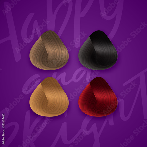 Set of Hair Locks Color Samples. Vector Realistic 3d Illustration. Design Element for Hairdressers, Beauty Salons, Hair Care Cosmetics, Shampoo, Conditioner or Hair Dye Pack