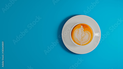 Coffee latte in a white Cup on blue isolate. 3D illustration