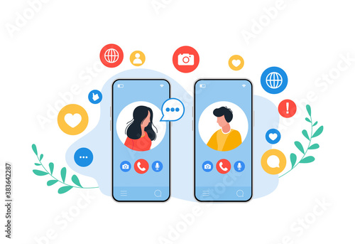 Friends video calling on phones. Social networking, chatting with phone.