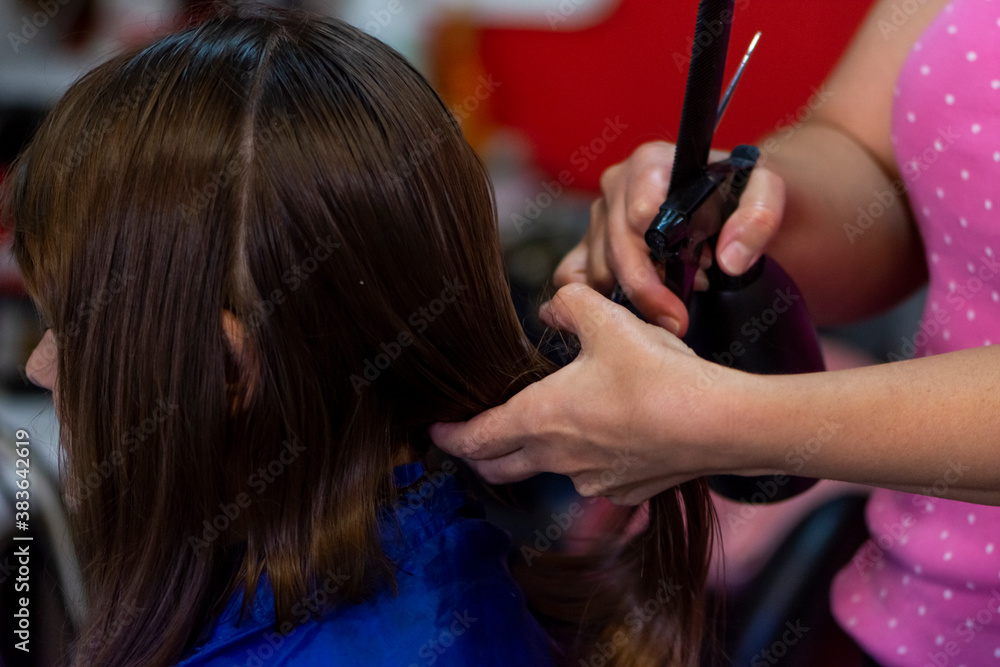 Fototapeta premium Professional female hairdresser cutting girl's brown hair in salon, closeup