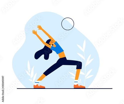 Modern vector sport illustration. Girl doing gymnastics at home. © bestpixels