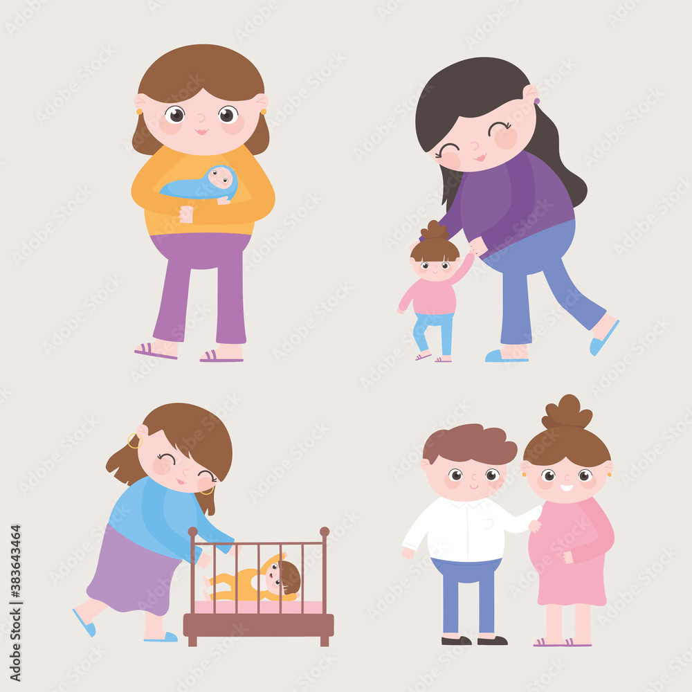 pregnancy and maternity, various mom with baby and pregnant cartoon pregnancy and maternity, various mom with baby and pregnant cartoon
