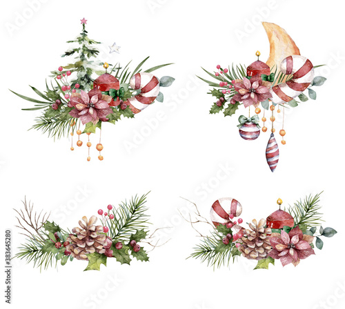 Fototapeta Naklejka Na Ścianę i Meble -  Watercolor set illustration of a beautiful floral bouquet in winter for Happy New Year and Merry Christmas cards isolated