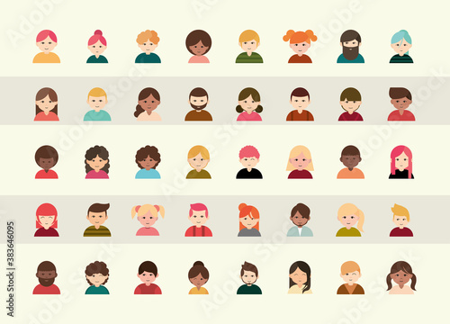 people diverse faces of different ethnicity flat icons set