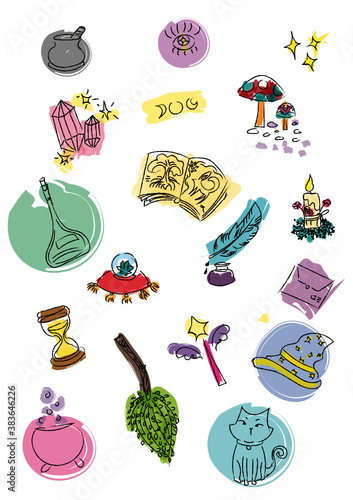fondo mágico, vector, kit de magia, hechicería, brujería y fantasía, dibujado a mano, halloween, wicca, pagano,editable, cristales, plantas mágicas, pociones, gato negro, sombrero, ilustrado, etc