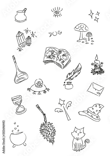 fondo mágico, vector, kit de magia, hechicería, brujería y fantasía, dibujado a mano, halloween, wicca, pagano,editable, cristales, plantas mágicas, pociones, gato negro, sombrero, ilustrado, etc