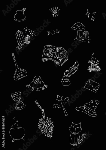 fondo mágico, vector, kit de magia, hechicería, brujería y fantasía, dibujado a mano, halloween, wicca, pagano,editable, cristales, plantas mágicas, pociones, gato negro, sombrero, ilustrado, etc