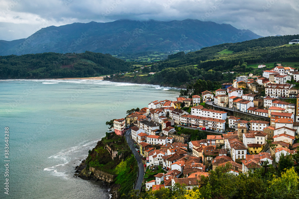Picturesque coastal landscape. The small fishing village of Llastres in Asturias, Costa Verde, Spain.