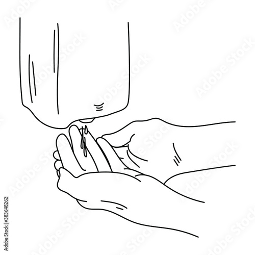 Schematic illustration of hand treatment with an automatic disinfector, a drop of gel on open palms, preventive health measures, vector outline illustration 