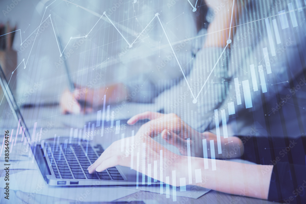 Multi exposure of woman hands typing on computer and financial chart hologram drawing. Stock market analysis concept. Multi exposure of woman hands typing on computer and financial chart hologram drawing. Stock market analysis concept.