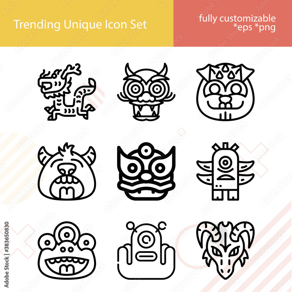 Simple set of dragon related lineal icons.