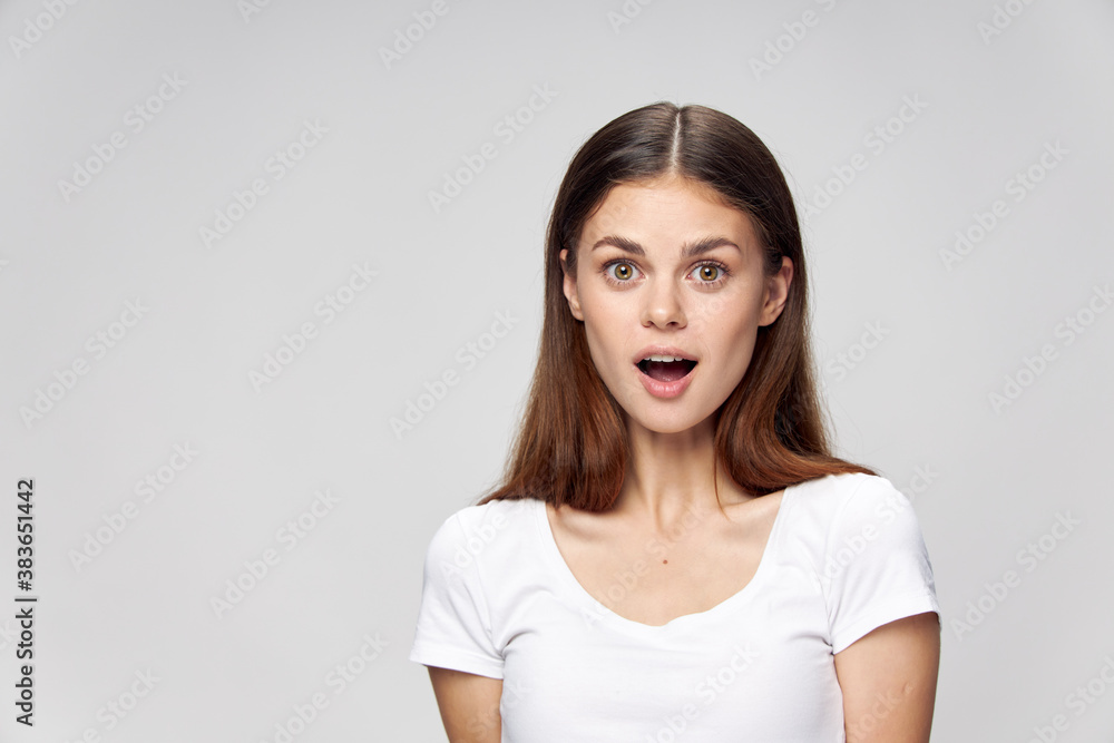 Cheerful woman smile white t-shirt cropped view Cheerful woman smile white t-shirt cropped view