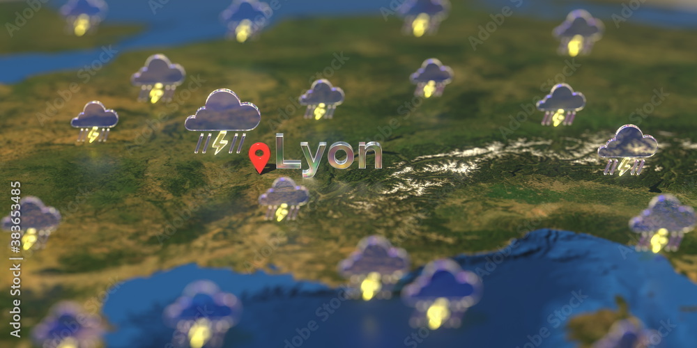 Lyon city and stormy weather icon on the map, weather forecast related 3D rendering Lyon city and stormy weather icon on the map, weather forecast related 3D rendering