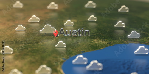 Cloudy weather icons near Austin city on the map, weather forecast related 3D rendering