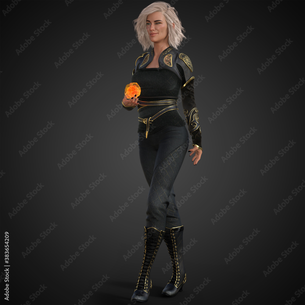 3D Rendering Illustration of Beautiful Fantasy Woman in Black and Gold Clothing with Blonde Hair Holding Magic Orb with Flirty Sassy Smile
