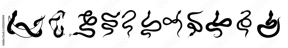 Mystic set of snakes silhouette. Snake wrapped around the crescent moon. Boho modern hand drawn design elements for logo and branding. Mystic set of snakes silhouette. Snake wrapped around the crescent moon. Boho modern hand drawn design elements for logo and branding.