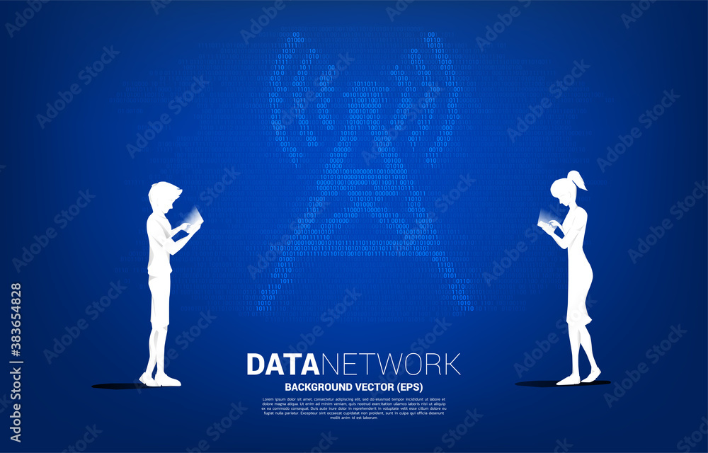 Silhouette of man and woman use mobile phone with antenna tower icon binary code style. Concept for data transfer of mobile and wi-fi data network. Silhouette of man and woman use mobile phone with antenna tower icon binary code style. Concept for data transfer of mobile and wi-fi data network.