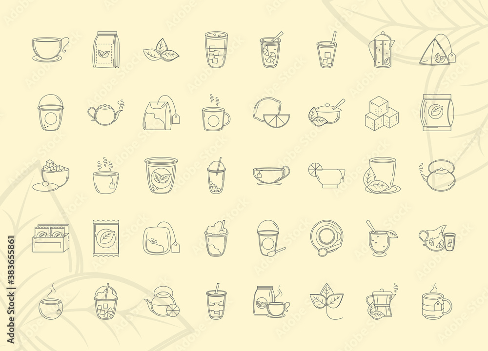 tea, fresh beverage traditional teapot cups teabag sugar leaf, icons set line style tea, fresh beverage traditional teapot cups teabag sugar leaf, icons set line style