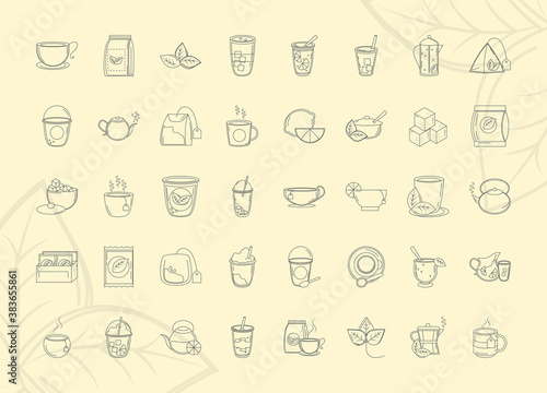 tea, fresh beverage traditional teapot cups teabag sugar leaf, icons set line style