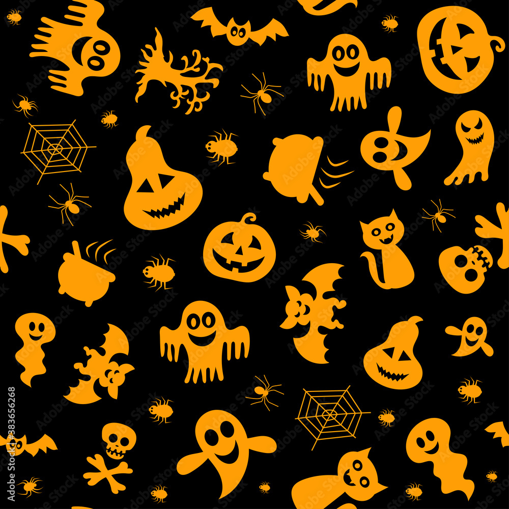 Seamless vector pattern for Halloween design. Halloween symbols: ghost, spider, pumpkin in cartoon style. Vector Illustration