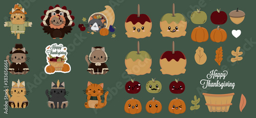 Thanksgiving Cats dressed up as a scarecrow, turkey, pilgrim, Native American, with Apples, Pumpkins, leaves and basket with cute faces