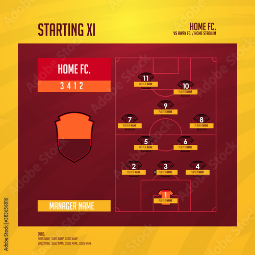 Football or soccer match lineups formation infographic. Set of football player position on soccer filed. Football kit or soccer jersey icon in flat design. Vector Illustration.